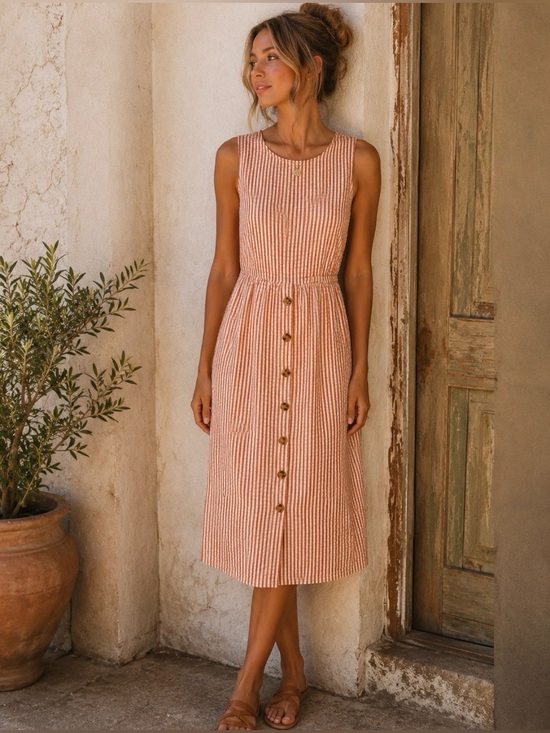 Mango Dresses & Skirts - Mango Rust-and-White Striped Sleeveless Button-Front Midi